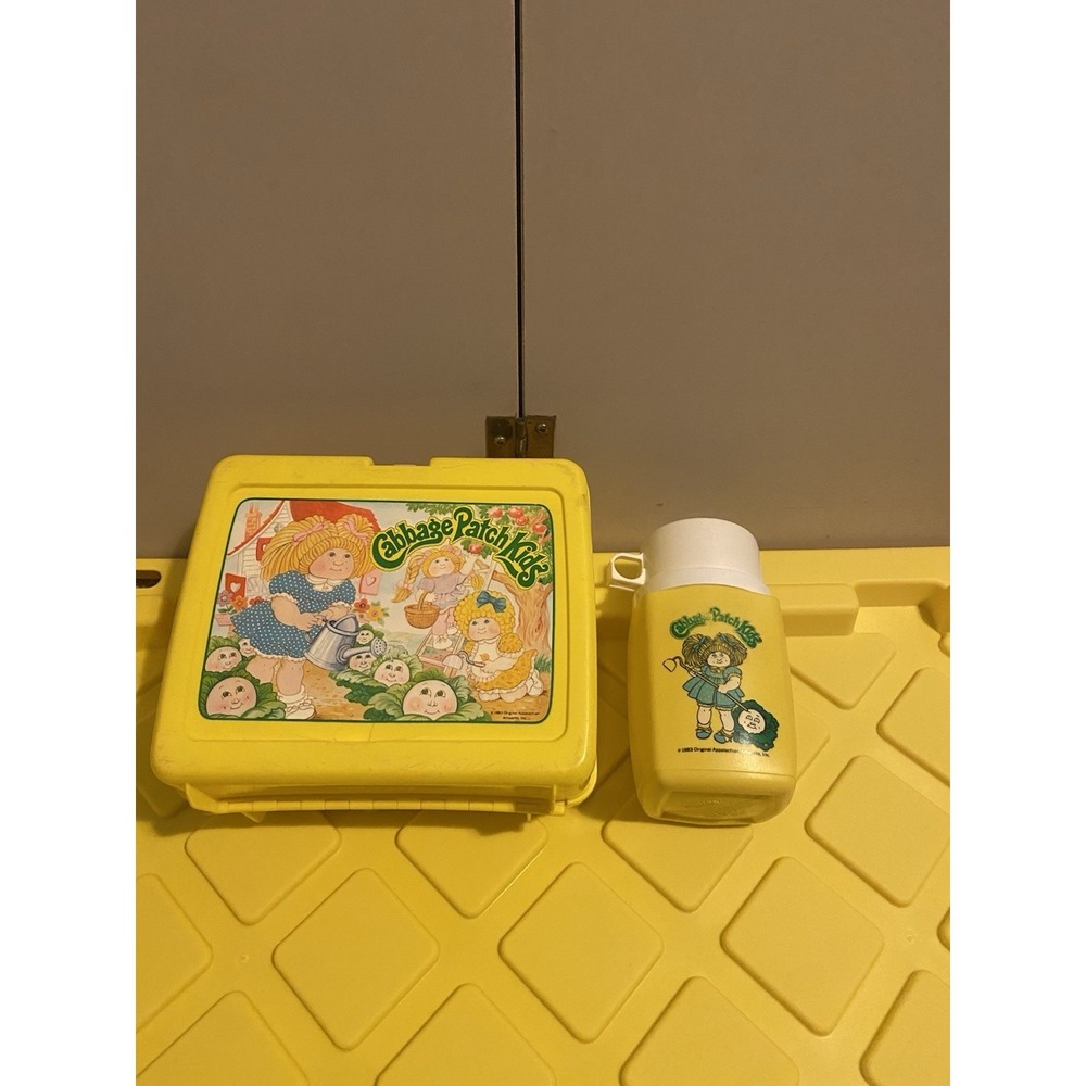 Vtg 1983 Cabbage Patch Kids Yellow Plastic Lunch Box and Thermos